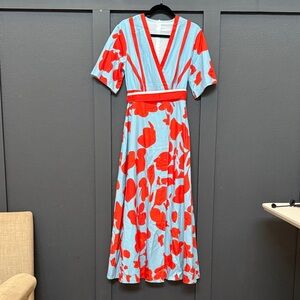 Elegant Red and Blue Floral Wrap Dress